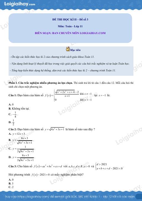 Đề thi học kì 2 Toán 11 - Đề số 3
